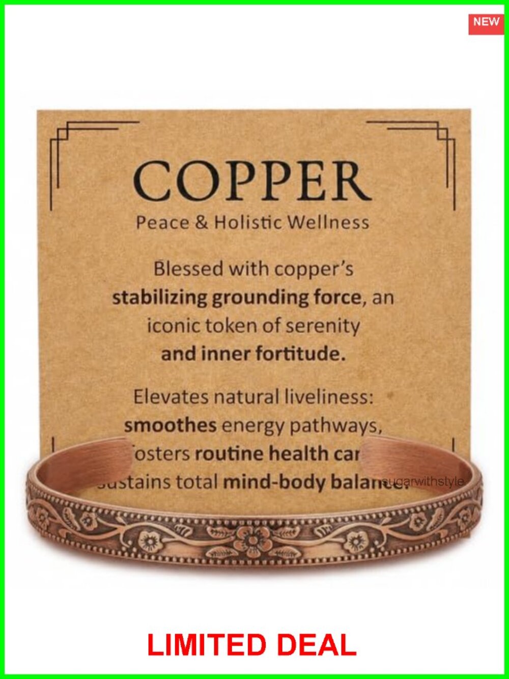 Copper Cuff Bracelet Adjustable Vintage Floral Vine Handmade Gift